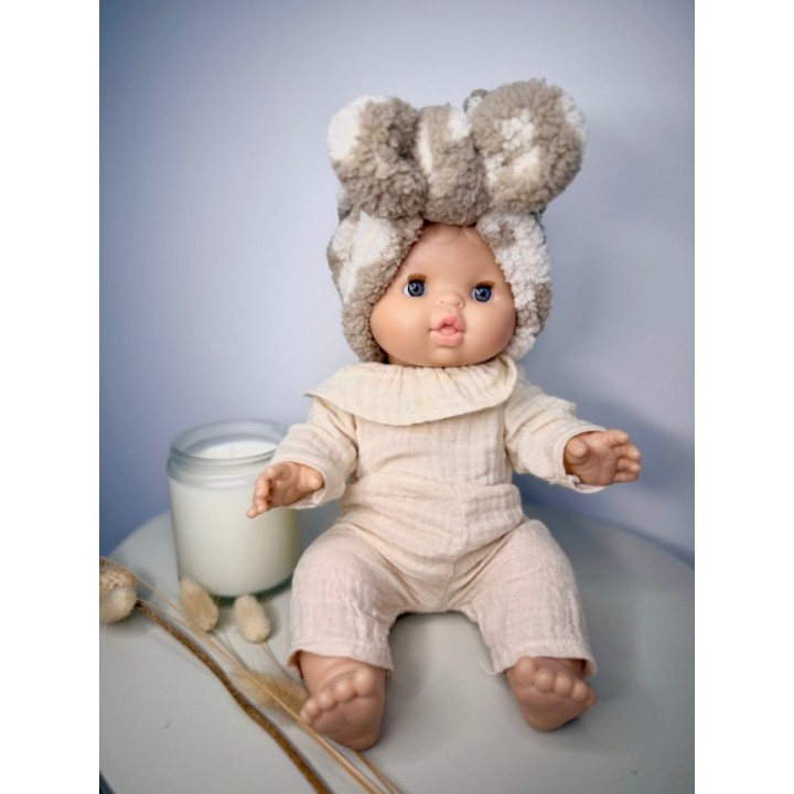 Turban bouclette taupe & fleurs écrues