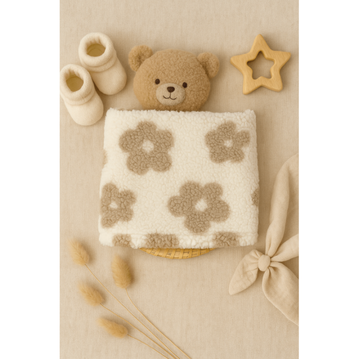 Snood bouclette écru fleurs taupe